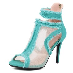 Peep Toe Denim Fabric Stiletto Heels Ankle Highs Transparent Mesh Sandals - Green