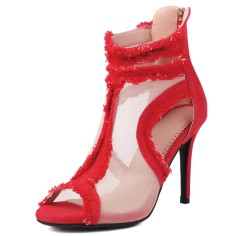 Peep Toe Denim Fabric Stiletto Heels Ankle Highs Transparent Mesh Sandals - Red