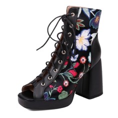 Peep Toe Lace Up Flower Print Chunky Heels Summer Gladiator Boots - Black