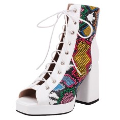Peep Toe Lace Up Snake Print Chunky Heels Summer Gladiator Boots - White