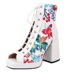 Peep Toe Lace Up Flower Print Chunky Heels Summer Gladiator Boots - White