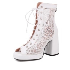 Peep Toe Platforms Chunky Heels Lace Up Mesh Summer Booties - White