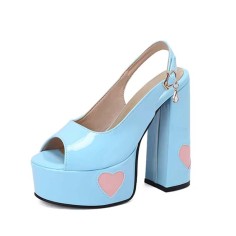 Peep Toe Heart-Shaped Pattern Glossy Chunky Heels Platforms Sandals  - SkyBlue Patent