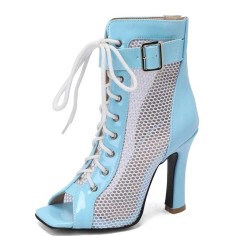 Peep Toe Glossy Lace Up Belt Buckle Ankle Highs Chunky Heels Spring Boots - Sky Blue with White Mesh