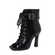 Peep Toe Glossy Lace Up Belt Buckle Ankle Highs Chunky Heels Spring Boots - Black Patent