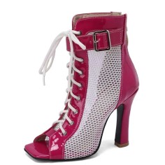 Peep Toe Glossy Lace Up Belt Buckle Ankle Highs Chunky Heels Spring Boots - Rose Red Patent with White Mesh