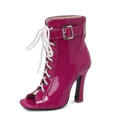 Peep Toe Glossy Lace Up Belt Buckle Ankle Highs Chunky Heels Spring Boots - Rose Red Patent