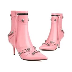 Pointed Toe Stiletto Heels Vintage Gothic Metal Buckle Zipper Ankle High Boots - Pink Faux Leather