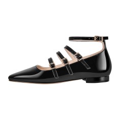 Square Toe Ankle Buckle Straps Patent Leather Mary Jane Retro Flats - Black Patent