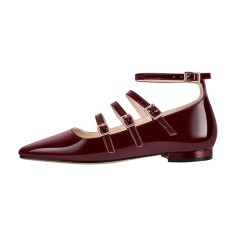 Square Toe Ankle Buckle Straps Patent Leather Mary Jane Retro Flats - Burgundy Patent