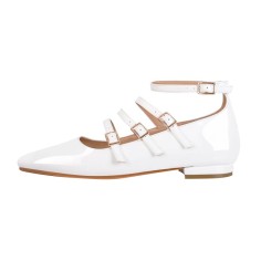 Square Toe Ankle Buckle Straps Patent Leather Mary Jane Retro Flats - White Patent