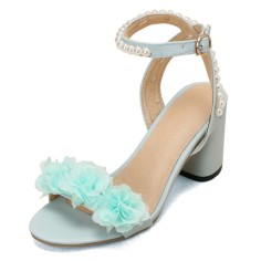 Peep Toe Chunky Heels Beads Ankle Buckle Straps Summer Wedding Flip Flops Sandals - Blue