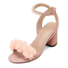 Peep Toe Chunky Heels Beads Ankle Buckle Straps Summer Wedding Flip Flops Sandals - Pink