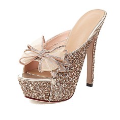 Peep Toe Stiletto Heels Sequins Mesh Rhinestones Bowtie Ribbon Platforms Sandals Slippers - Gold Sequined Cloth