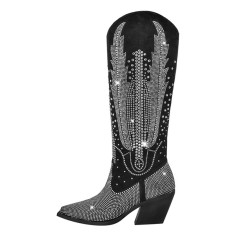 Pointed Toe Chunky Heels Glitter Bling Rhinestones Western Cowboy Knee Highs Boots - Black