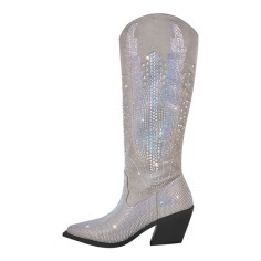 Pointed Toe Chunky Heels Glitter Bling Rhinestones Western Cowboy Knee Highs Boots - Gray