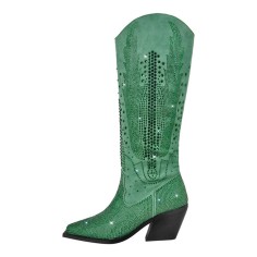 Pointed Toe Chunky Heels Glitter Bling Rhinestones Western Cowboy Knee Highs Boots - Green