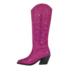 Pointed Toe Chunky Heels Glitter Bling Rhinestones Western Cowboy Knee Highs Boots - Hot Pink