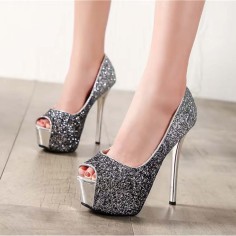 Fish Mouth Peep Toe Stiletto Heels Glitters 6 Inches Pumps - Black Sequined Fabric