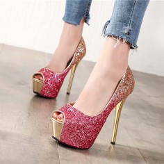 Fish Mouth Peep Toe Stiletto Heels Glitters 5 Inches Pumps - Rose Sequined Fabric