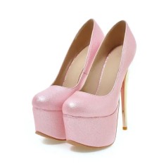 Round Toe Stiletto Golden Heels Texture Pattern Platforms Pumps - Pink