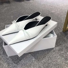 Pointed Toe Kitten Heels Elegant Summer Slippers Sandals - White Leather