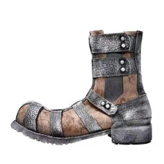 Round Toe Rustic Side Rivets Field Military Handmade Leather Tough Guy Style Chelsea Boots - Gray