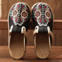 Casual Linen Round Toe Handmade Embroidery Summer Slippers Flats - Black Canvas