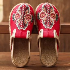 Casual Linen Round Toe Handmade Embroidery Summer Slippers Flats - Red Canvas