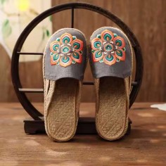 Casual Linen Round Toe Handmade Embroidery Summer Slippers Flats - Gray Canvas