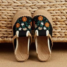 Casual Linen Round Toe Handmade Embroidery Summer Slippers Flats - Black Canvas