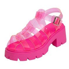Open Round Toe Transparent PVC Chunky Heels Low Platforms Festival Beach Roman Sandals - Rose Red