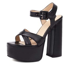 Square Open Toe Chunky Heels Ankle Buckle Straps Crocoide Pattern Sandals - Black Faux Leather