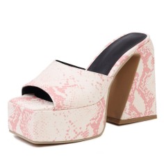 Round Toe Chunky Heels Platforms Outdoor Sandals - White Pink