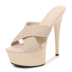 Peep Toe Stiletto Heels Cross Straps Platforms Sandals - Beige Faux Leather
