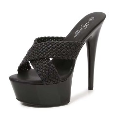 Peep Toe Stiletto Heels Cross Straps Platforms Sandals - Black Faux Leather