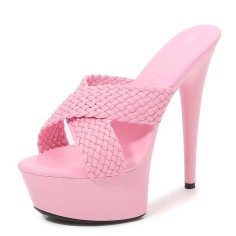 Peep Toe Stiletto Heels Cross Straps Platforms Sandals - Pink Faux Leather