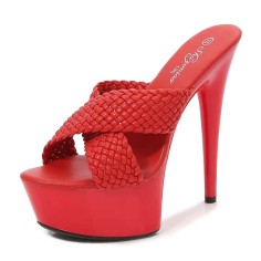 Peep Toe Stiletto Heels Cross Straps Platforms Sandals - Red Faux Leather