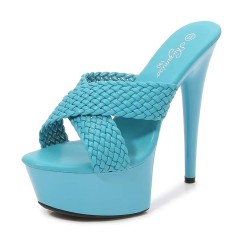 Peep Toe Stiletto Heels Cross Straps Platforms Sandals - SkyBlue Faux Leather