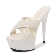 Peep Toe Stiletto Heels Cross Straps Platforms Sandals - White Faux Leather