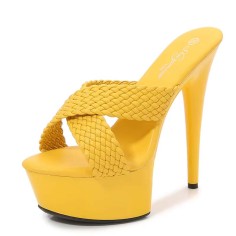 Peep Toe Stiletto Heels Cross Straps Platforms Sandals - Yellow Faux Leather