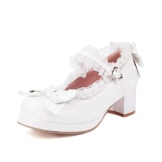 Round Toe Chunky Heels Bowknot Lolita Costumes Mary Janes Patent Pumps - White
