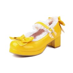 Round Toe Chunky Heels Bowknot Lolita Costumes Mary Janes Patent Pumps - Yellow