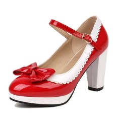 Round Toe Cute Bowknot Chunky Heels Lolita Vintage Mary Janes Platforms Pumps - Red Patent