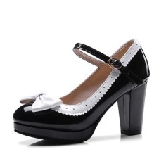 Round Toe Cute Bowknot Chunky Heels Lolita Vintage Mary Janes Platforms Pumps - Black Patent