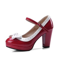 Round Toe Cute Bowknot Chunky Heels Lolita Vintage Mary Janes Platforms Pumps - Red Patent
