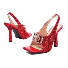 Square Open Toe Glitters Sequin Shiny Slingback Thin Dot Heels Sandals - Red