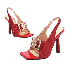 Square Open Toe Glitters Sequin Shiny Slingback Thin Dot Heels Sandals - Red
