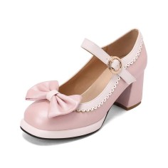 Round Toe Chunky Heels Butterfly Knot Lolita French Maid Costumes Mary Janes Patent Pumps - Pink