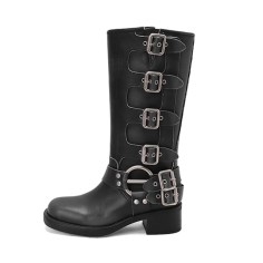 Round Toe Belt Buckles Retro Style Motorcycle Punk Four Season Boots - Black